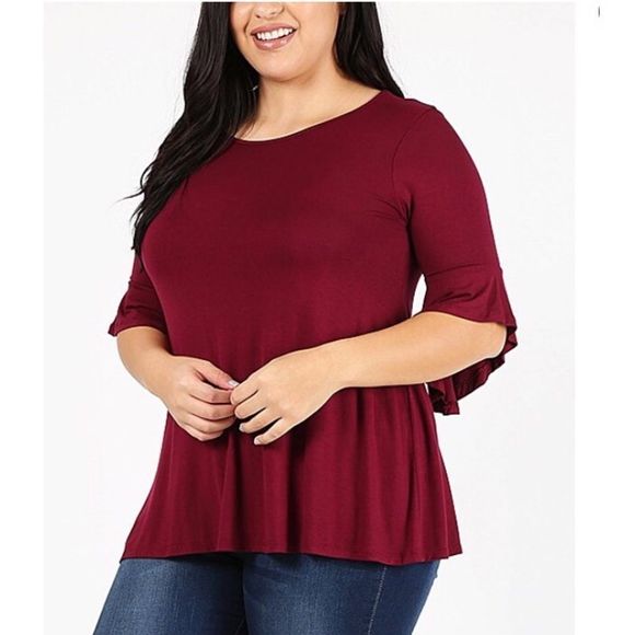 Women’s Plus Size Wine Red Elbow Length Flare Bell Sleeve Top Sz 1X - Picture 2 of 5